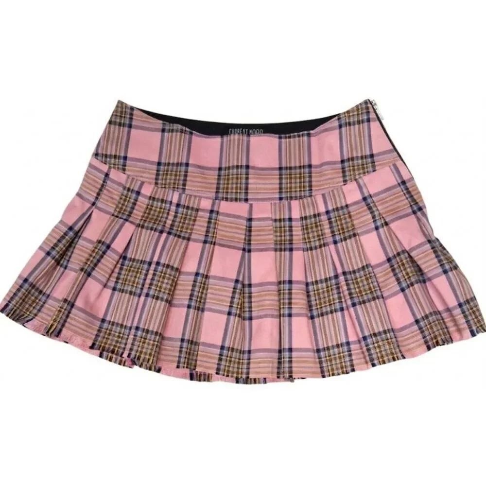 Current mood womens medium mini skirt tartan plaid pink preppy coquette